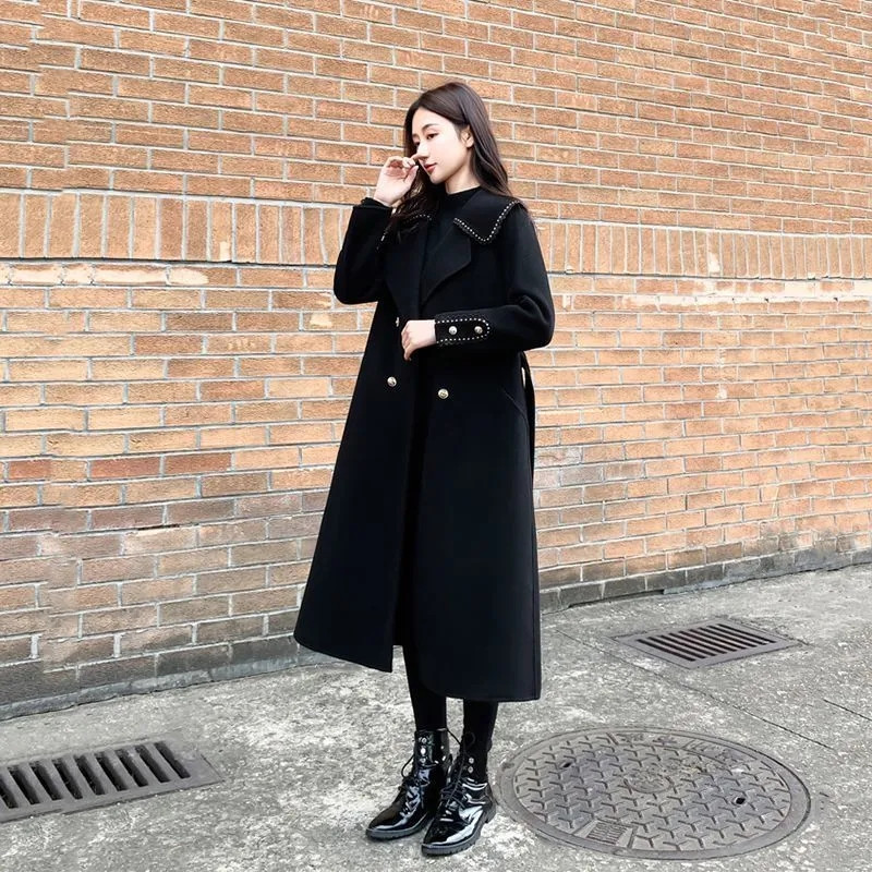Palton lung din lână și amestecuri, damă, primăvară 2023, toamnă, jachete noi de lână, trenciuri de modă coreeană, pardesiu de dimensiuni mari, haină neagră