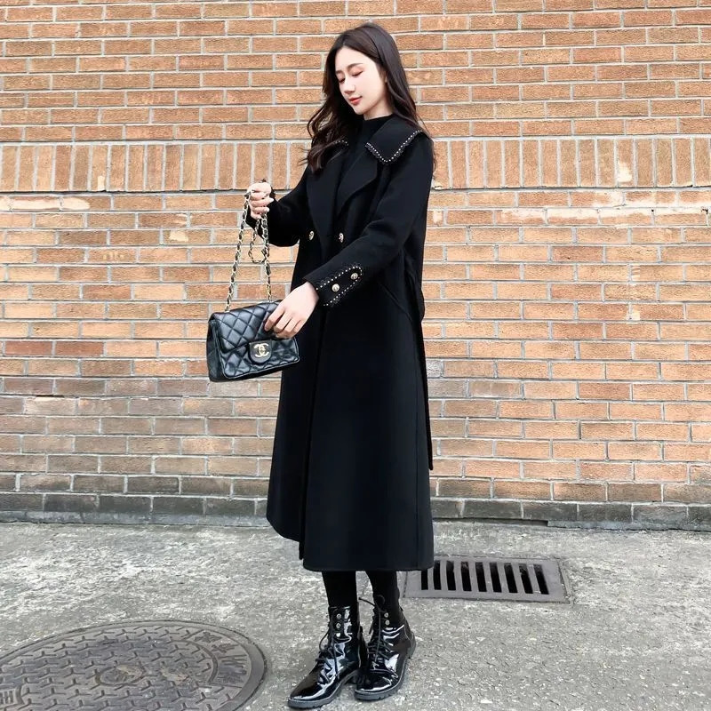 Palton lung din lână și amestecuri, damă, primăvară 2023, toamnă, jachete noi de lână, trenciuri de modă coreeană, pardesiu de dimensiuni mari, haină neagră