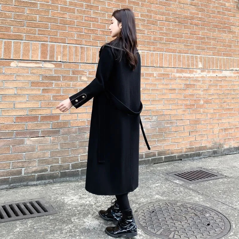 Palton lung din lână și amestecuri, damă, primăvară 2023, toamnă, jachete noi de lână, trenciuri de modă coreeană, pardesiu de dimensiuni mari, haină neagră