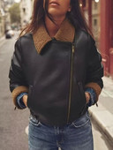 TRAF Sieviešu mākslīgās Pu ādas klasisks rāvējslēdzējs biezs motociklu motociklistu jaka Ziemas flīsa odere Virsdrēbes Vintage pilotu jakas