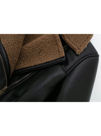 TRAF Women Faux Pu Leather Classic Zipper Thicken Jacket Bikers Winter Fleece Εξωτερικά ρούχα Vintage Pilot Jacket