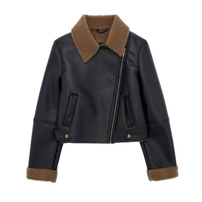 TRAF Sieviešu mākslīgās Pu ādas klasisks rāvējslēdzējs biezs motociklu motociklistu jaka Ziemas flīsa odere Virsdrēbes Vintage pilotu jakas