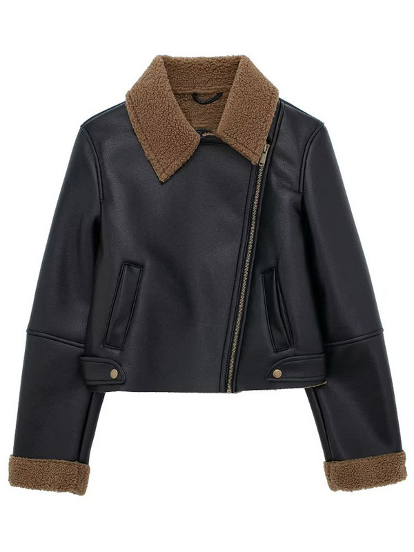 TRAF Sieviešu mākslīgās Pu ādas klasisks rāvējslēdzējs biezs motociklu motociklistu jaka Ziemas flīsa odere Virsdrēbes Vintage pilotu jakas