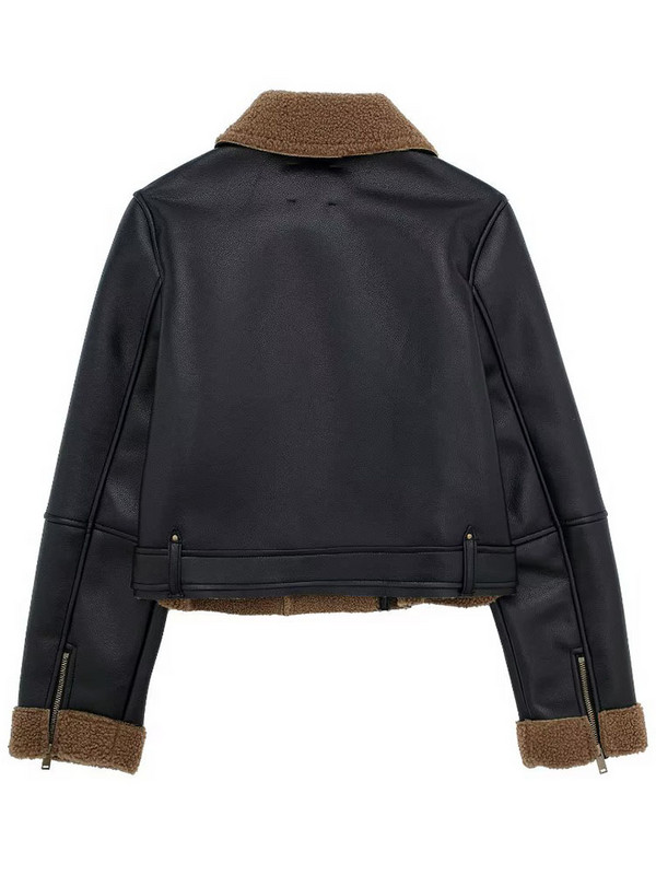 TRAF Sieviešu mākslīgās Pu ādas klasisks rāvējslēdzējs biezs motociklu motociklistu jaka Ziemas flīsa odere Virsdrēbes Vintage pilotu jakas