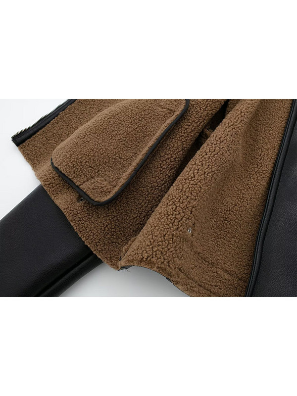 TRAF Sieviešu mākslīgās Pu ādas klasisks rāvējslēdzējs biezs motociklu motociklistu jaka Ziemas flīsa odere Virsdrēbes Vintage pilotu jakas