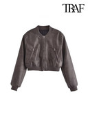 TRAF Jachetă bomber din piele artificială decupată la modă pentru femei, haină vintage cu mâneci lungi cu fermoar în față îmbrăcăminte exterioară pentru femei Topuri șic