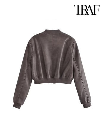 TRAF Women Fashion Cropped Faux Leather Bomber Jacket Vintage μακρυμάνικο μπροστινό φερμουάρ Γυναικεία πανωφόρια Κομψά μπλουζάκια