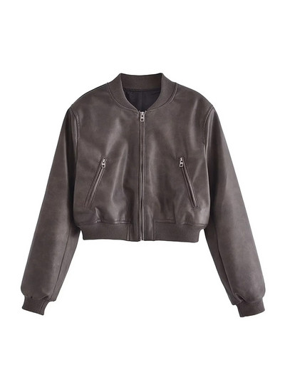 TRAF Jachetă bomber din piele artificială decupată la modă pentru femei, haină vintage cu mâneci lungi cu fermoar în față îmbrăcăminte exterioară pentru femei Topuri șic