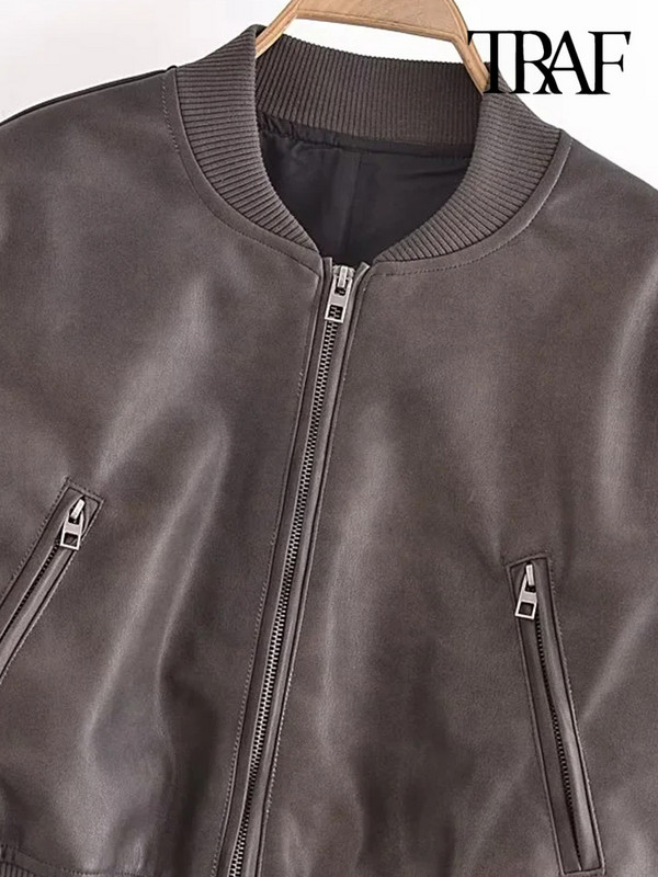 TRAF Jachetă bomber din piele artificială decupată la modă pentru femei, haină vintage cu mâneci lungi cu fermoar în față îmbrăcăminte exterioară pentru femei Topuri șic