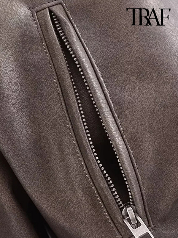 TRAF Jachetă bomber din piele artificială decupată la modă pentru femei, haină vintage cu mâneci lungi cu fermoar în față îmbrăcăminte exterioară pentru femei Topuri șic