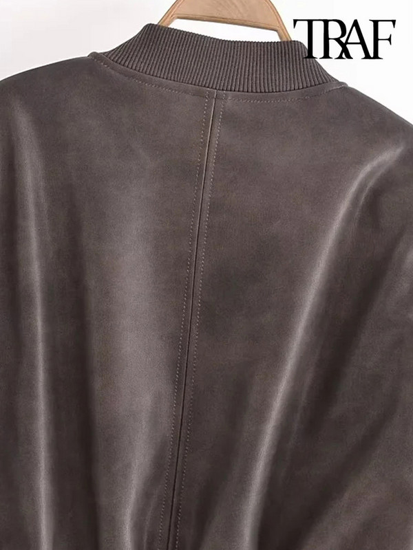 TRAF Jachetă bomber din piele artificială decupată la modă pentru femei, haină vintage cu mâneci lungi cu fermoar în față îmbrăcăminte exterioară pentru femei Topuri șic