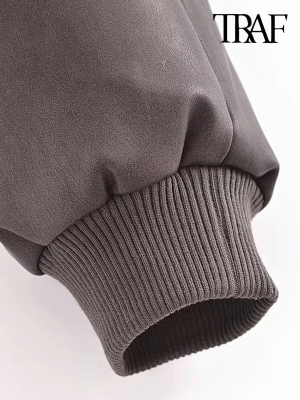 TRAF Jachetă bomber din piele artificială decupată la modă pentru femei, haină vintage cu mâneci lungi cu fermoar în față îmbrăcăminte exterioară pentru femei Topuri șic