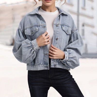 Jachete de denim decupate supradimensionate Jachete de denim cu rever cu buzunare la piept Jachetă solidă cu nasturi, retro americană, haină de damă