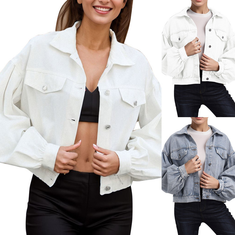 Jachete de denim decupate supradimensionate Jachete de denim cu rever cu buzunare la piept Jachetă solidă cu nasturi, retro americană, haină de damă