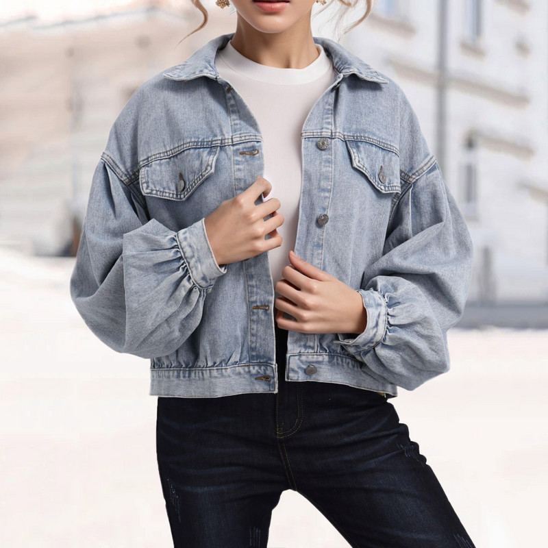 Jachete de denim decupate supradimensionate Jachete de denim cu rever cu buzunare la piept Jachetă solidă cu nasturi, retro americană, haină de damă