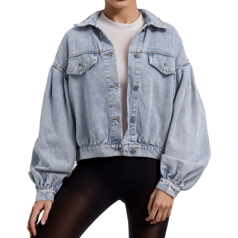 Jachete de denim decupate supradimensionate Jachete de denim cu rever cu buzunare la piept Jachetă solidă cu nasturi, retro americană, haină de damă