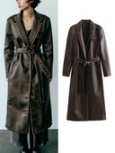 TRAF Novi jesenski zimski ženski dugački baloner od umjetne kože 2023. Vintage kaput dugih rukava s remenom