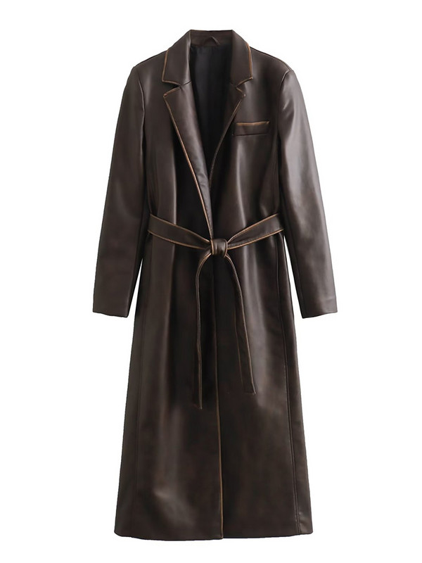 TRAF Novi jesenski zimski ženski dugački baloner od umjetne kože 2023. Vintage kaput dugih rukava s remenom