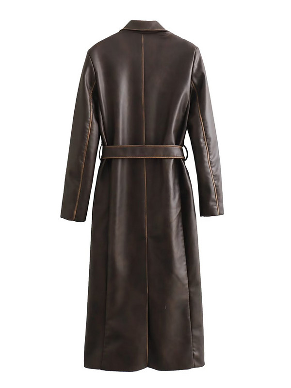 TRAF Novi jesenski zimski ženski dugački baloner od umjetne kože 2023. Vintage kaput dugih rukava s remenom