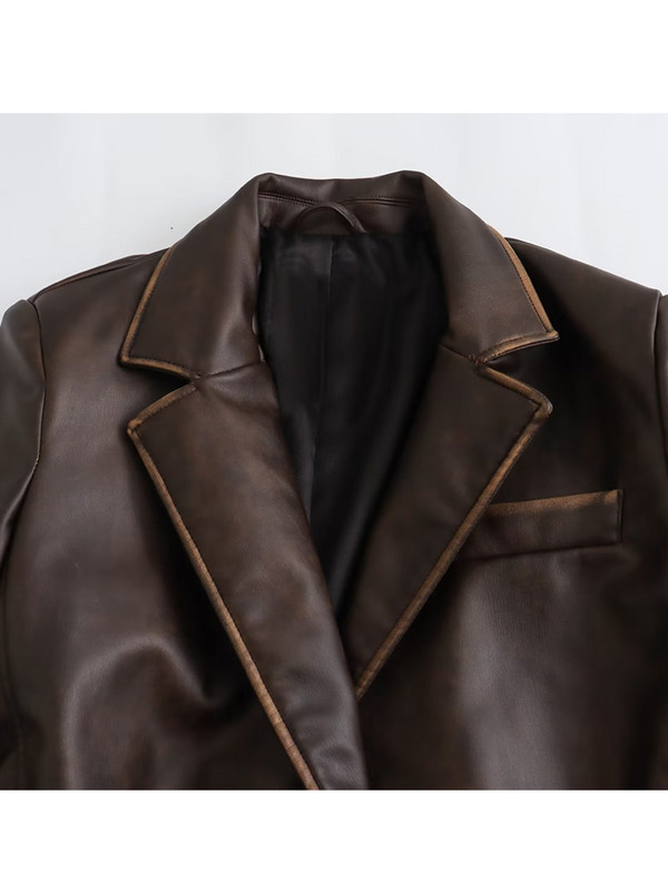 TRAF Novi jesenski zimski ženski dugački baloner od umjetne kože 2023. Vintage kaput dugih rukava s remenom