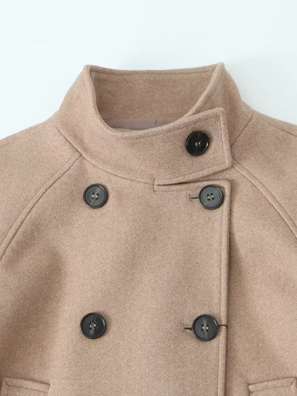 Tvirtas elegantiškas moteriškas vilnos paltas, 2023 m. „Auyumn“ stovi apykaklė ilgomis rankovėmis, dvieiliai švarkai, moteriški senoviniai madingi viršutiniai drabužiai