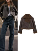 TRAF Zimska kožna jakna od janjeće vune Ženska 2023. Debeli kaput s reverom u retro boji sa bočnim zatvaračem Ležeran topli kožni kaput