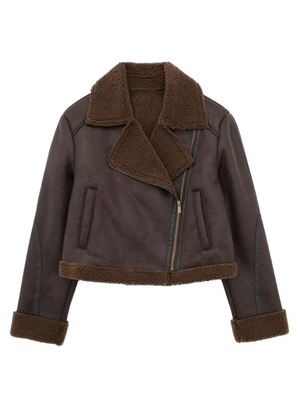 TRAF Zimska kožna jakna od janjeće vune Ženska 2023. Debeli kaput s reverom u retro boji sa bočnim zatvaračem Ležeran topli kožni kaput