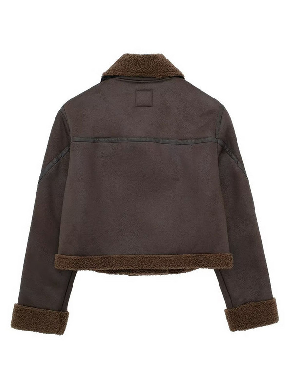 TRAF Zimska kožna jakna od janjeće vune Ženska 2023. Debeli kaput s reverom u retro boji sa bočnim zatvaračem Ležeran topli kožni kaput