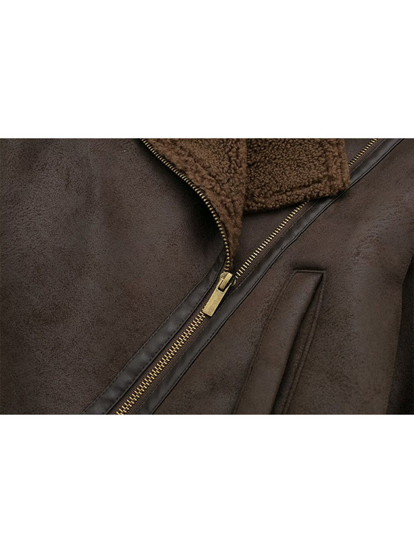 TRAF Zimska kožna jakna od janjeće vune Ženska 2023. Debeli kaput s reverom u retro boji sa bočnim zatvaračem Ležeran topli kožni kaput