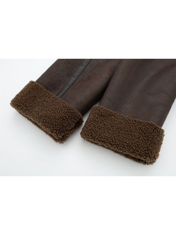 TRAF Zimska kožna jakna od janjeće vune Ženska 2023. Debeli kaput s reverom u retro boji sa bočnim zatvaračem Ležeran topli kožni kaput