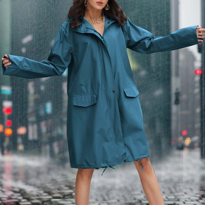 Sieviešu lietus jaka ar kapuci Viegla, vējjaka ar garām piedurknēm, ar rāvējslēdzēju, lietusmētelis ar kabatām, 90. gadu apģērbs