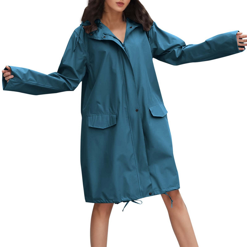 Sieviešu lietus jaka ar kapuci Viegla, vējjaka ar garām piedurknēm, ar rāvējslēdzēju, lietusmētelis ar kabatām, 90. gadu apģērbs