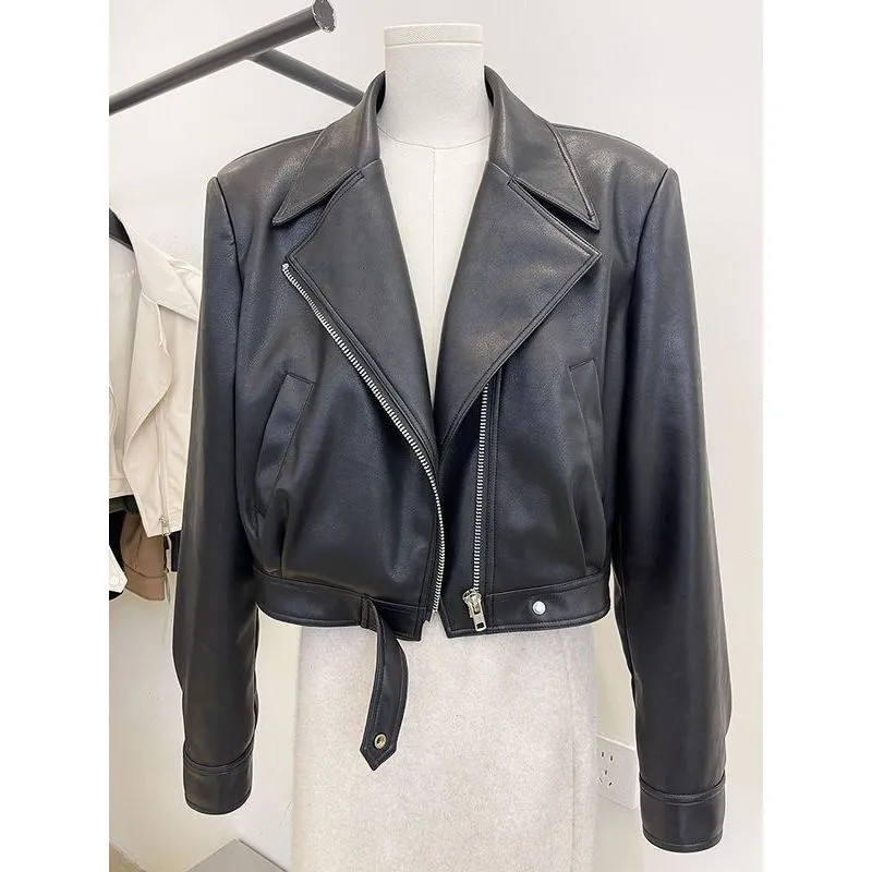 NOVO Proljeće Jesen PU kožna jakna s preklopnim ovratnikom i patentnim zatvaračem Ženska jednobojna kratka odjeća za motocikle Smeđi ženski kaput od meke kože