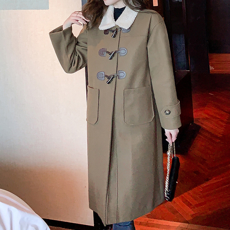 Vilnas retro izšūšanas lelles apkakle Sieviešu ziemas ērta ar garām piedurknēm, skaista taisna raga poga vienkrāsains vilnas mētelis