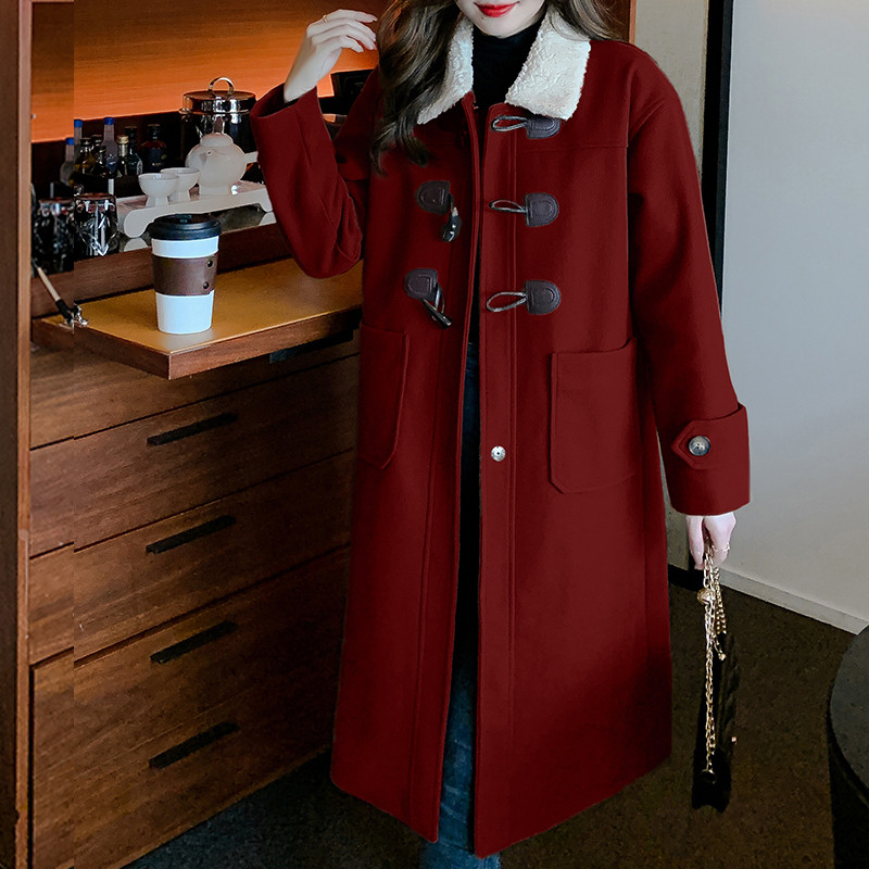 Vilnas retro izšūšanas lelles apkakle Sieviešu ziemas ērta ar garām piedurknēm, skaista taisna raga poga vienkrāsains vilnas mētelis