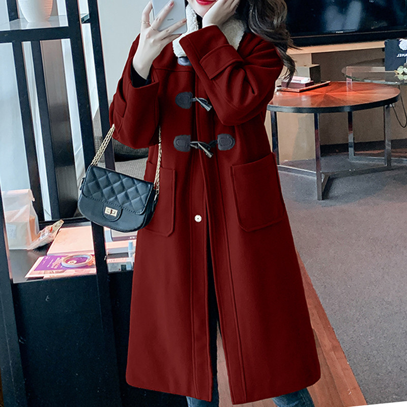 Vilnas retro izšūšanas lelles apkakle Sieviešu ziemas ērta ar garām piedurknēm, skaista taisna raga poga vienkrāsains vilnas mētelis