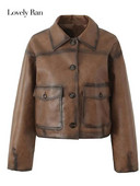 Kožna jakna Ženska vintage PU smeđa Ženski kaput s jednim kopčanjem dugih rukava 2023. Jesenski modni ženski kaput s džepnim komadima