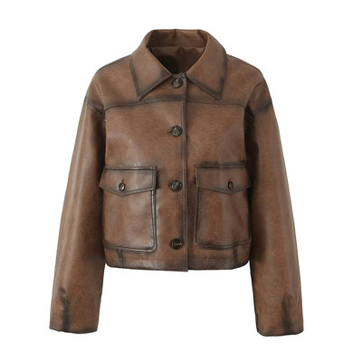 Kožna jakna Ženska vintage PU smeđa Ženski kaput s jednim kopčanjem dugih rukava 2023. Jesenski modni ženski kaput s džepnim komadima
