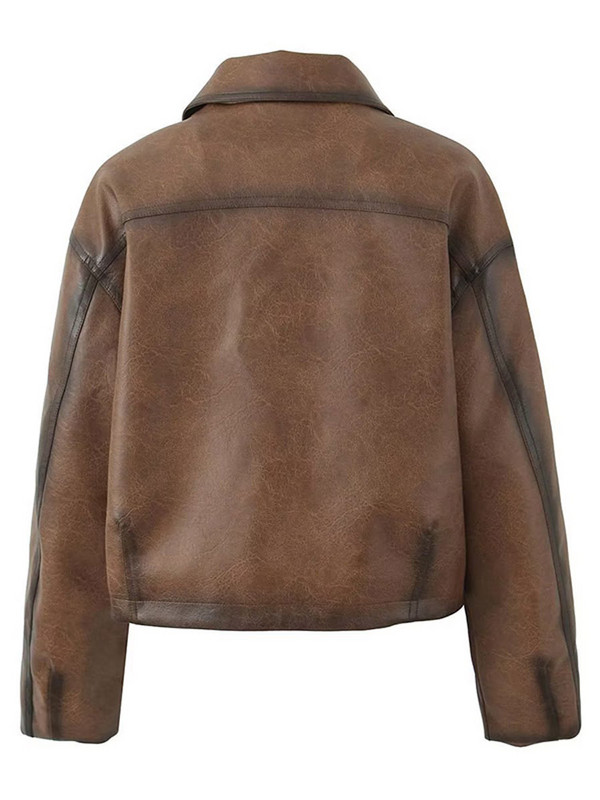 Kožna jakna Ženska vintage PU smeđa Ženski kaput s jednim kopčanjem dugih rukava 2023. Jesenski modni ženski kaput s džepnim komadima