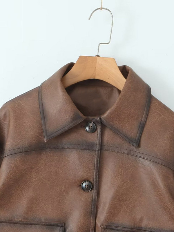 Kožna jakna Ženska vintage PU smeđa Ženski kaput s jednim kopčanjem dugih rukava 2023. Jesenski modni ženski kaput s džepnim komadima