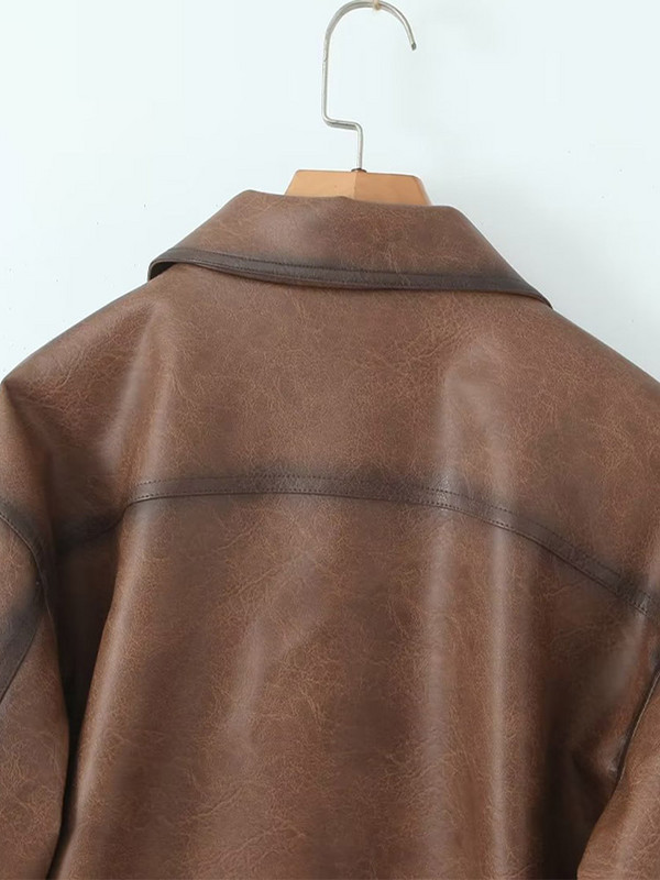 Kožna jakna Ženska vintage PU smeđa Ženski kaput s jednim kopčanjem dugih rukava 2023. Jesenski modni ženski kaput s džepnim komadima