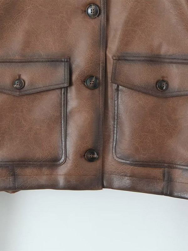 Kožna jakna Ženska vintage PU smeđa Ženski kaput s jednim kopčanjem dugih rukava 2023. Jesenski modni ženski kaput s džepnim komadima