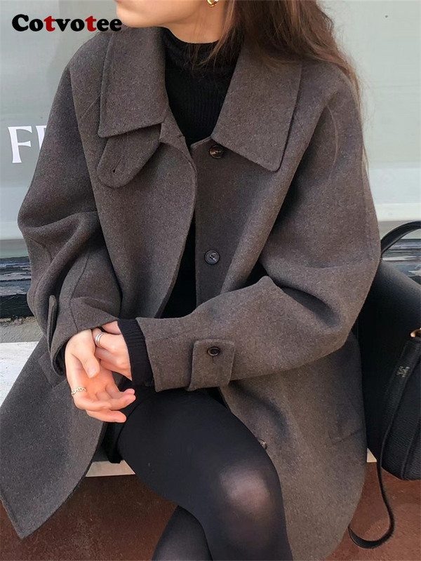 Cotvotee Gombos Gyapjúkabát Női Őszi Tél 2023 Új divatos, hosszú ujjú, bő kabátok Vintage lehajtható gallérú tömör dzsekik