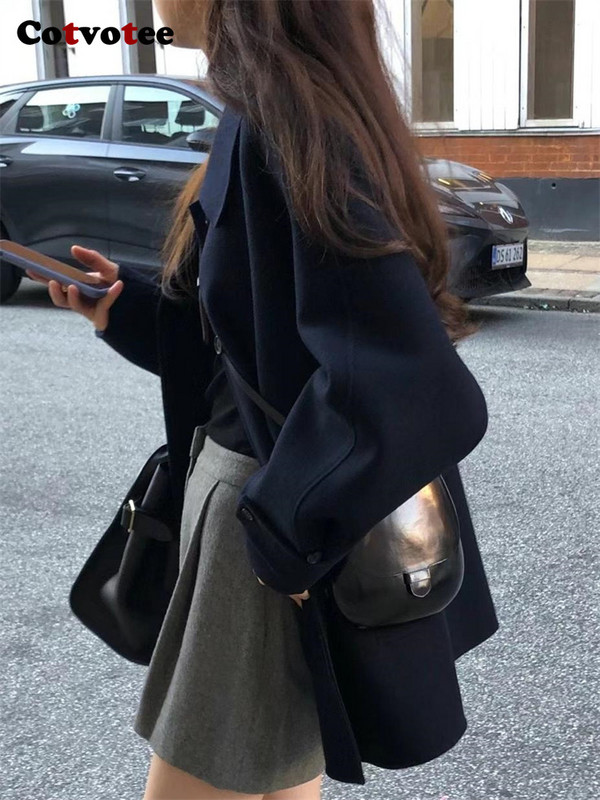 Cotvotee Gombos Gyapjúkabát Női Őszi Tél 2023 Új divatos, hosszú ujjú, bő kabátok Vintage lehajtható gallérú tömör dzsekik