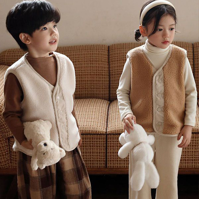 Rudens ziema zēni meitenes bērniem silta veste Jēra vilna plīša samta bērnu mētelis vienkāršs modes bezpiedurkņu bērnu veste virsdrēbes