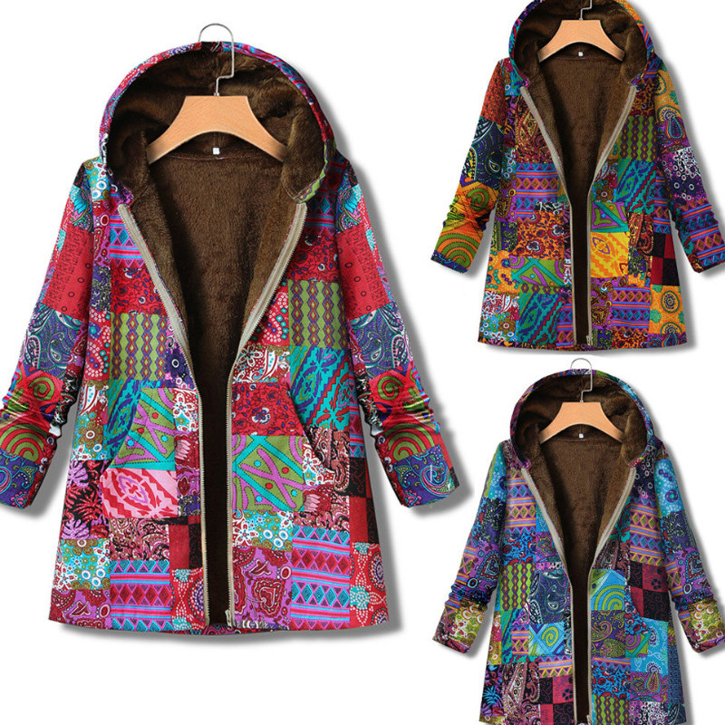 Ženska vintage jakna Plišana ženska vjetrovka Zimska topla vanjska odjeća Etnički cvjetni print Džepovi s kapuljačom Ležerni preveliki kaputi 2021.