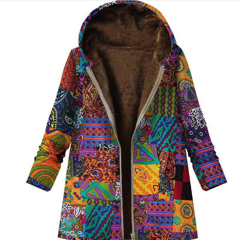 Ženska vintage jakna Plišana ženska vjetrovka Zimska topla vanjska odjeća Etnički cvjetni print Džepovi s kapuljačom Ležerni preveliki kaputi 2021.