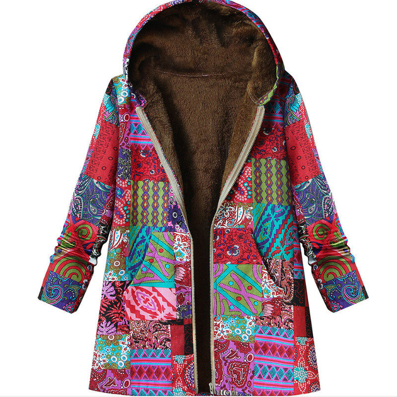 Ženska vintage jakna Plišana ženska vjetrovka Zimska topla vanjska odjeća Etnički cvjetni print Džepovi s kapuljačom Ležerni preveliki kaputi 2021.