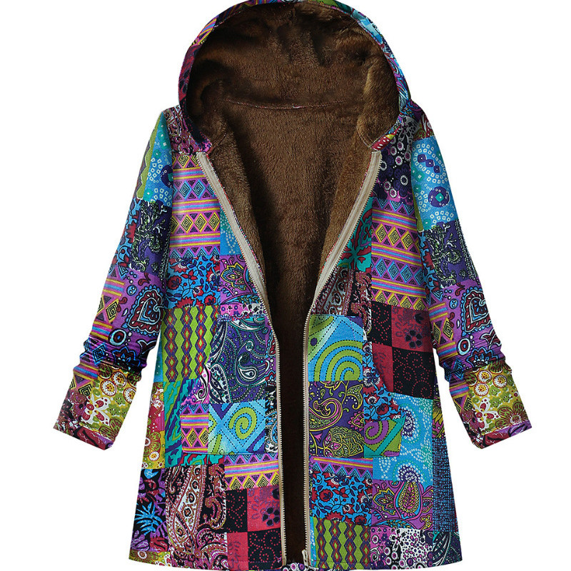 Ženska vintage jakna Plišana ženska vjetrovka Zimska topla vanjska odjeća Etnički cvjetni print Džepovi s kapuljačom Ležerni preveliki kaputi 2021.