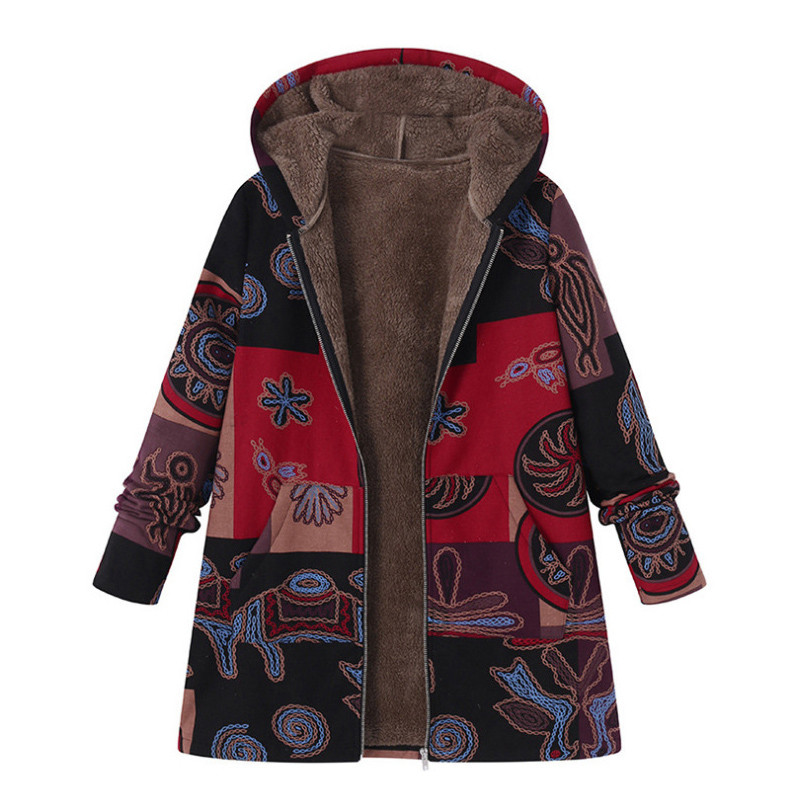 Ženska vintage jakna Plišana ženska vjetrovka Zimska topla vanjska odjeća Etnički cvjetni print Džepovi s kapuljačom Ležerni preveliki kaputi 2021.